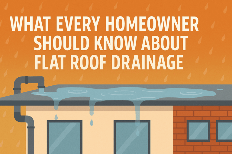 Banner illustration showing a flat roof with poor drainage and water pooling beneath the title text