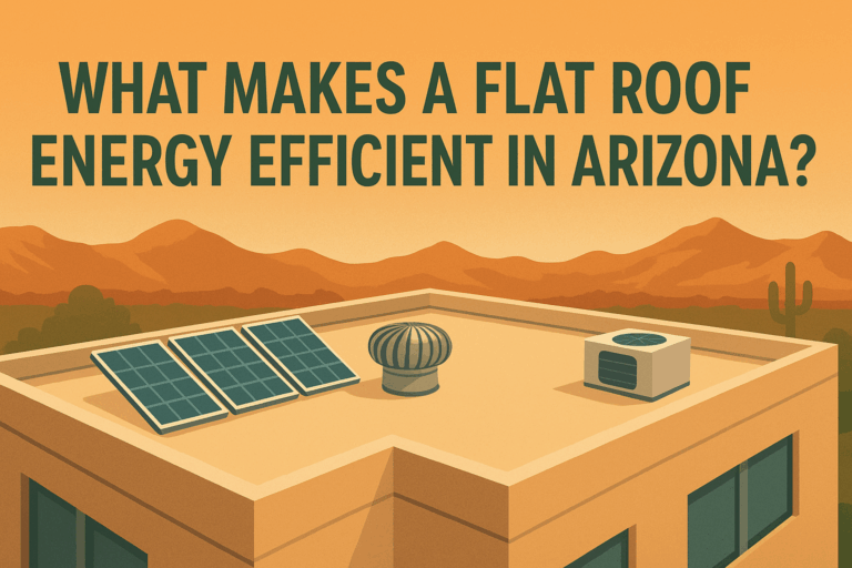 Illustration of a flat roof with solar panels and HVAC system, set against Arizona mountains and desert sunset