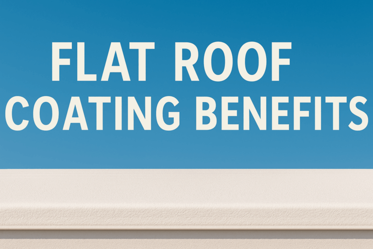 Banner image with centered title text 'Flat Roof Coating Benefits' above a white-coated flat roof under a bright blue sky