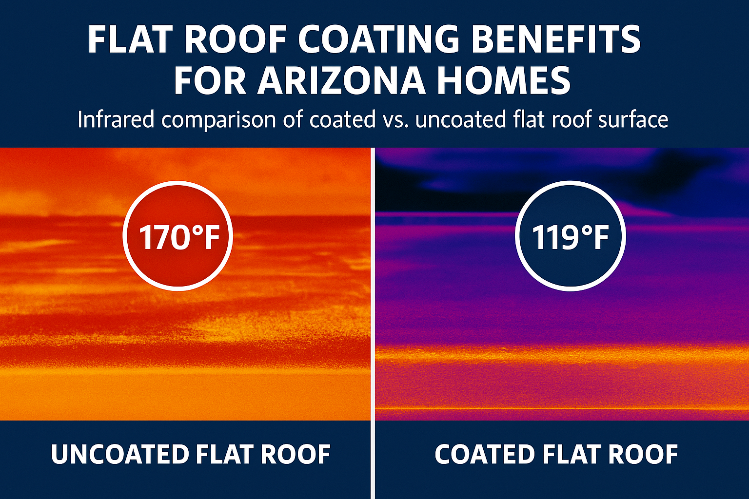 Flat Roof Coating Benefits for Arizona Homes - Infographic - Thermal Image Coated vs Uncoated • AZ Flat Roofing Infographic simulating a thermal infrared reading comparing temperature of coated and uncoated flat roof surfaces, highlighting energy efficiency benefits in Arizona heat